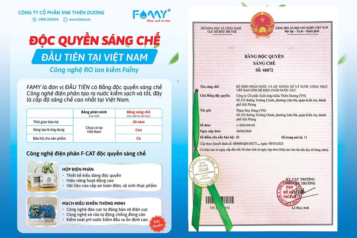 Famy chính thức trở thành đơn vị ĐẦU TIÊN cấp bằng sáng chế độc quyền cho công nghệ RO ion kiềm
