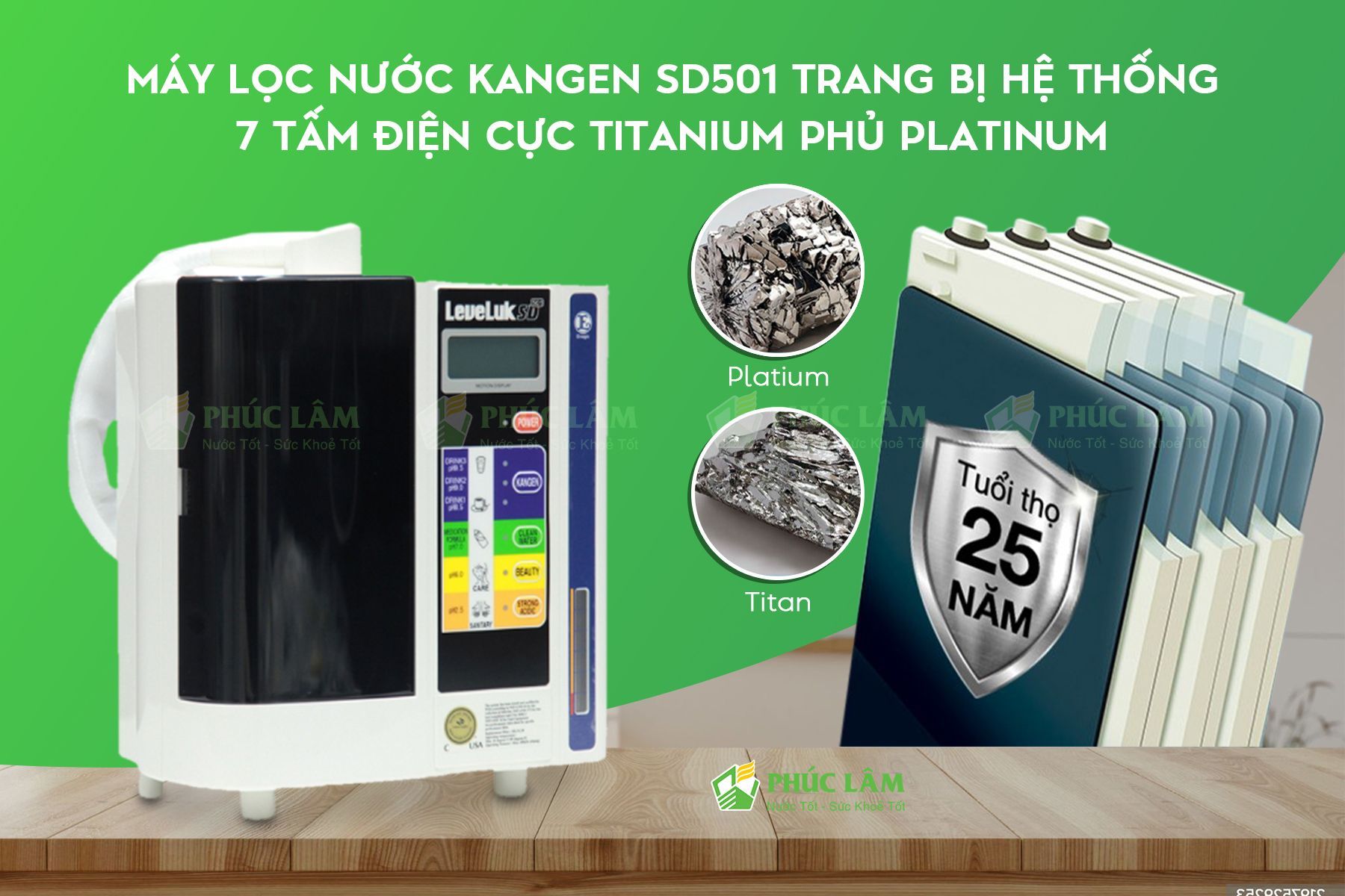 máy lọc nước kangen sd501 gồm 7 tấm điện cưc titanium phủ platinum bền bỉ 25 năm