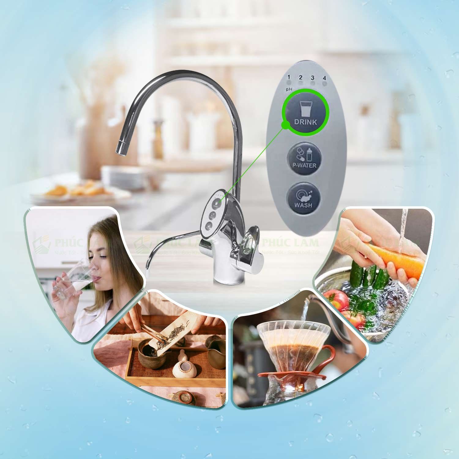 Nước Ion Kiềm Uống Trực Tiếp (4 mức độ pH 8.5 - 10.5) - Nút DRINK