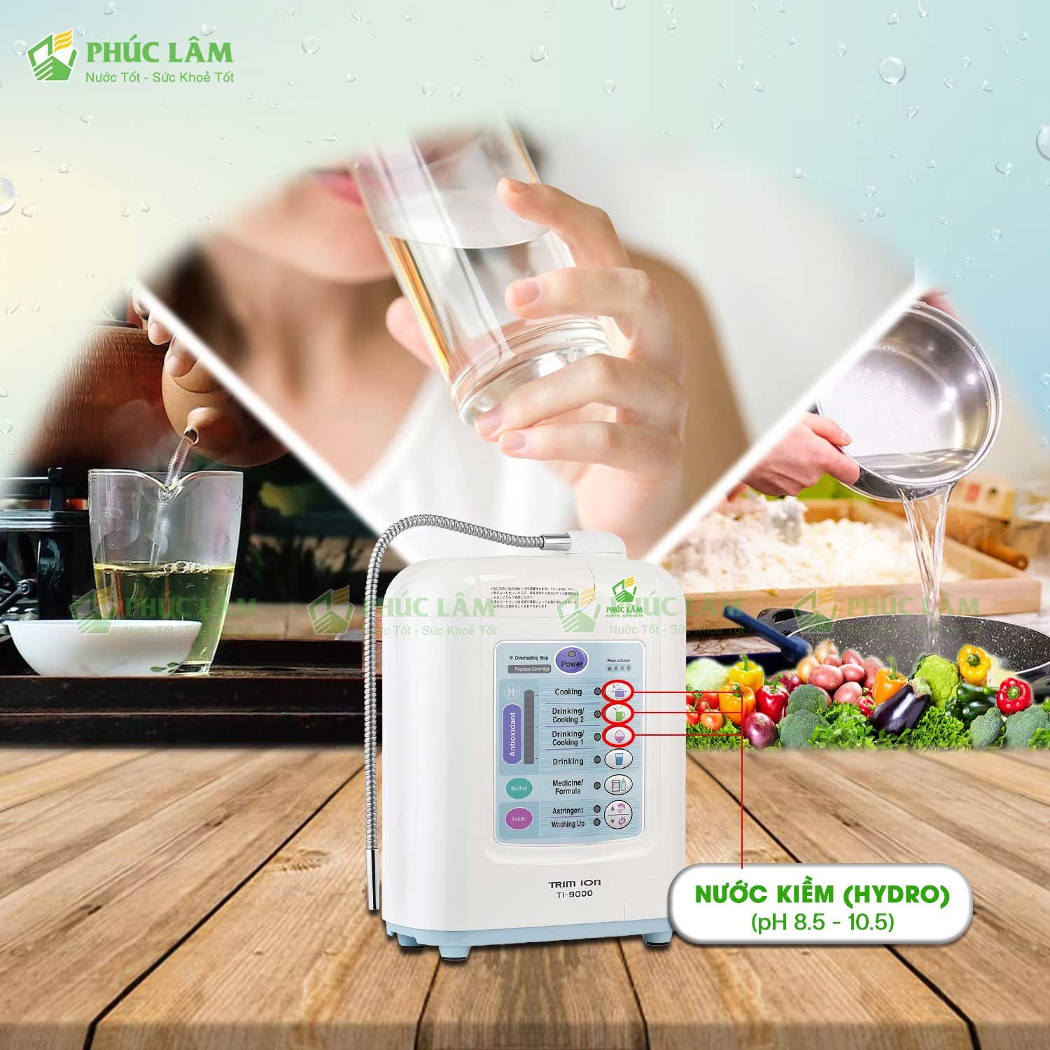 Nước Uống Ion Kiềm Hydro PH 8.5 đến 10.5 từ Máy Lọc Nước Trim Ion TI-9000