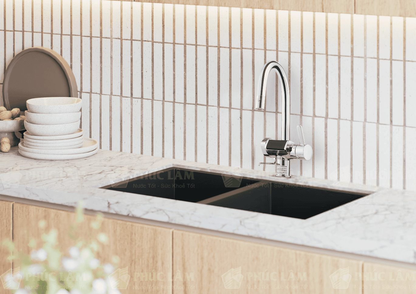 phối cảnh máy lọc nước ion kiềm Trim Ion Gracia trong không gian bếp