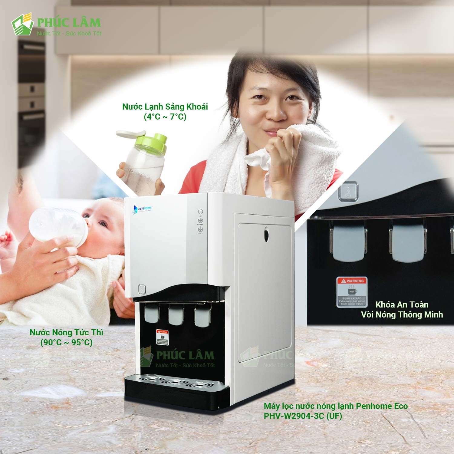 Tiện Ích Nóng Lạnh Đa Dạng Máy lọc nước nóng lạnh Penhome Eco PHV-W2904-3C